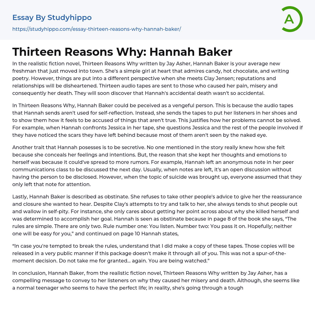 Thirteen Reasons Why: Hannah Baker Essay Example