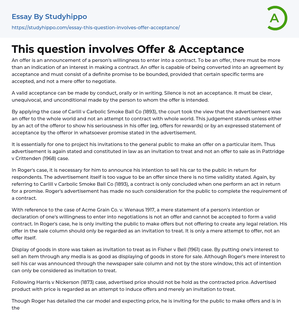 This question involves Offer & Acceptance Essay Example