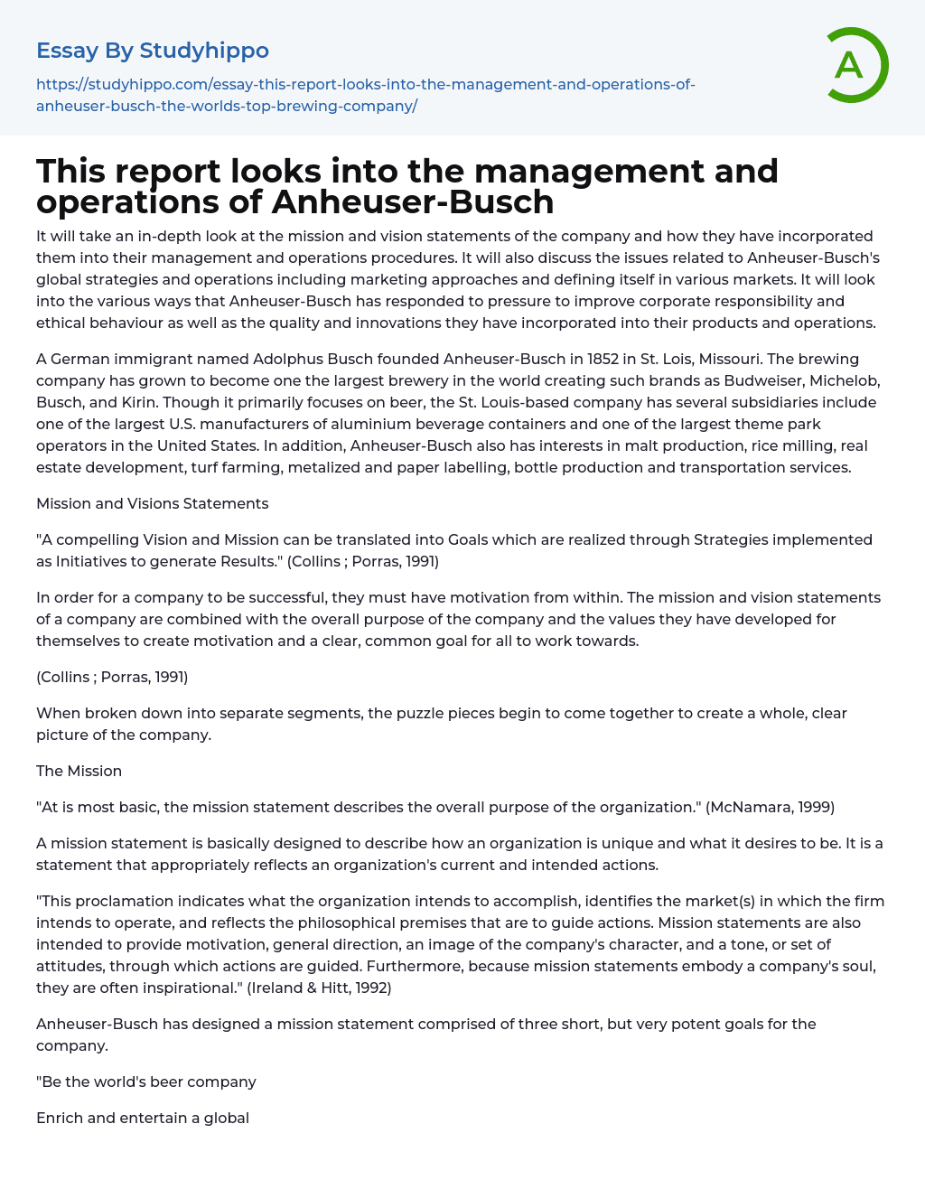 This report looks into the management and operations of Anheuser-Busch Essay Example