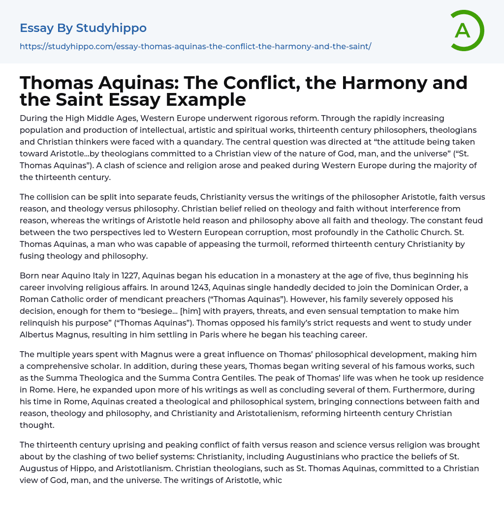 Thomas Aquinas: The Conflict, the Harmony and the Saint Essay Example
