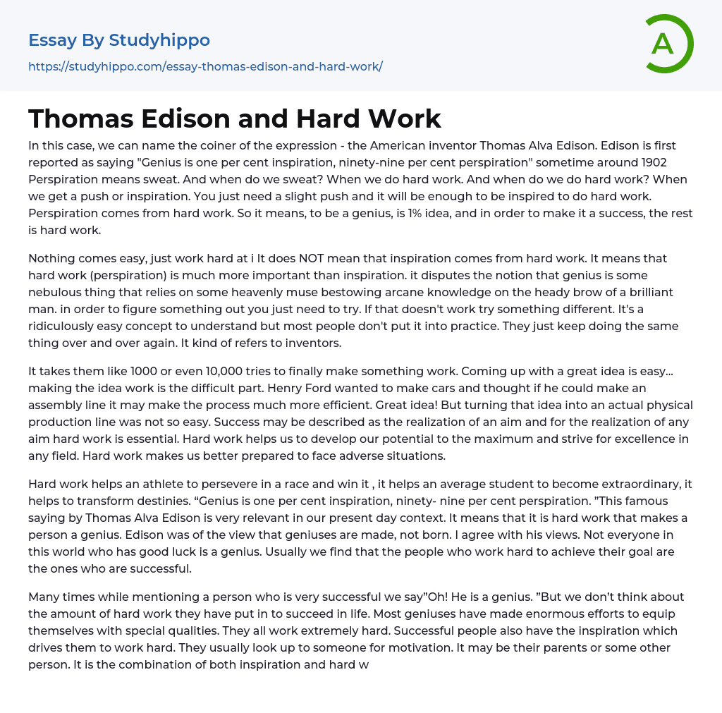 Thomas Edison and Hard Work Essay Example