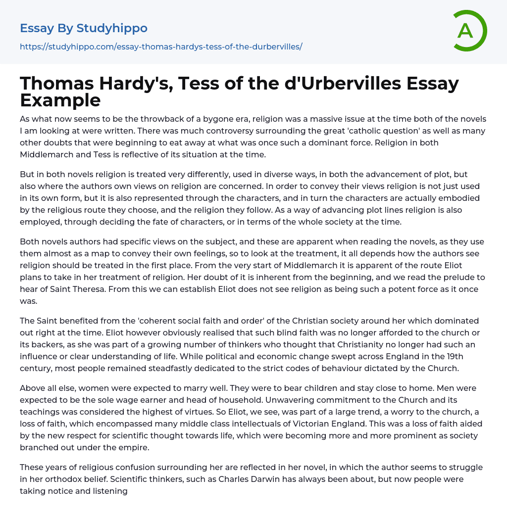 Thomas Hardy’s, Tess of the d’Urbervilles Essay Example