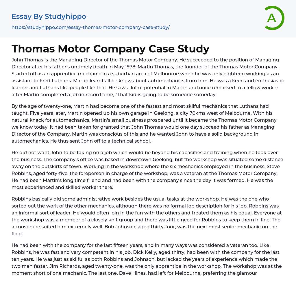 Thomas Motor Company Case Study Essay Example