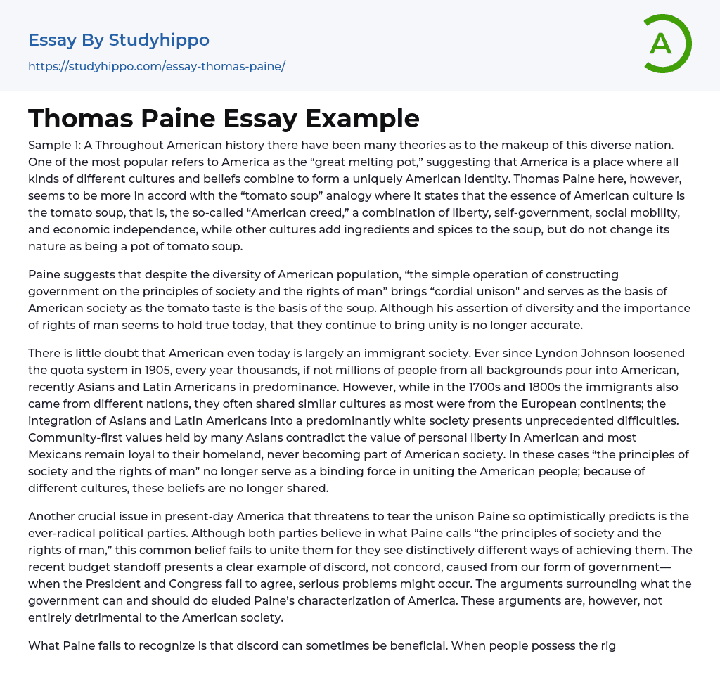 Thomas Paine Essay Example