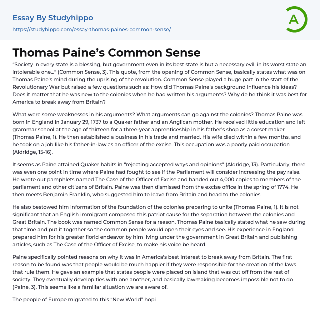 Thomas Paine’s Common Sense Essay Example