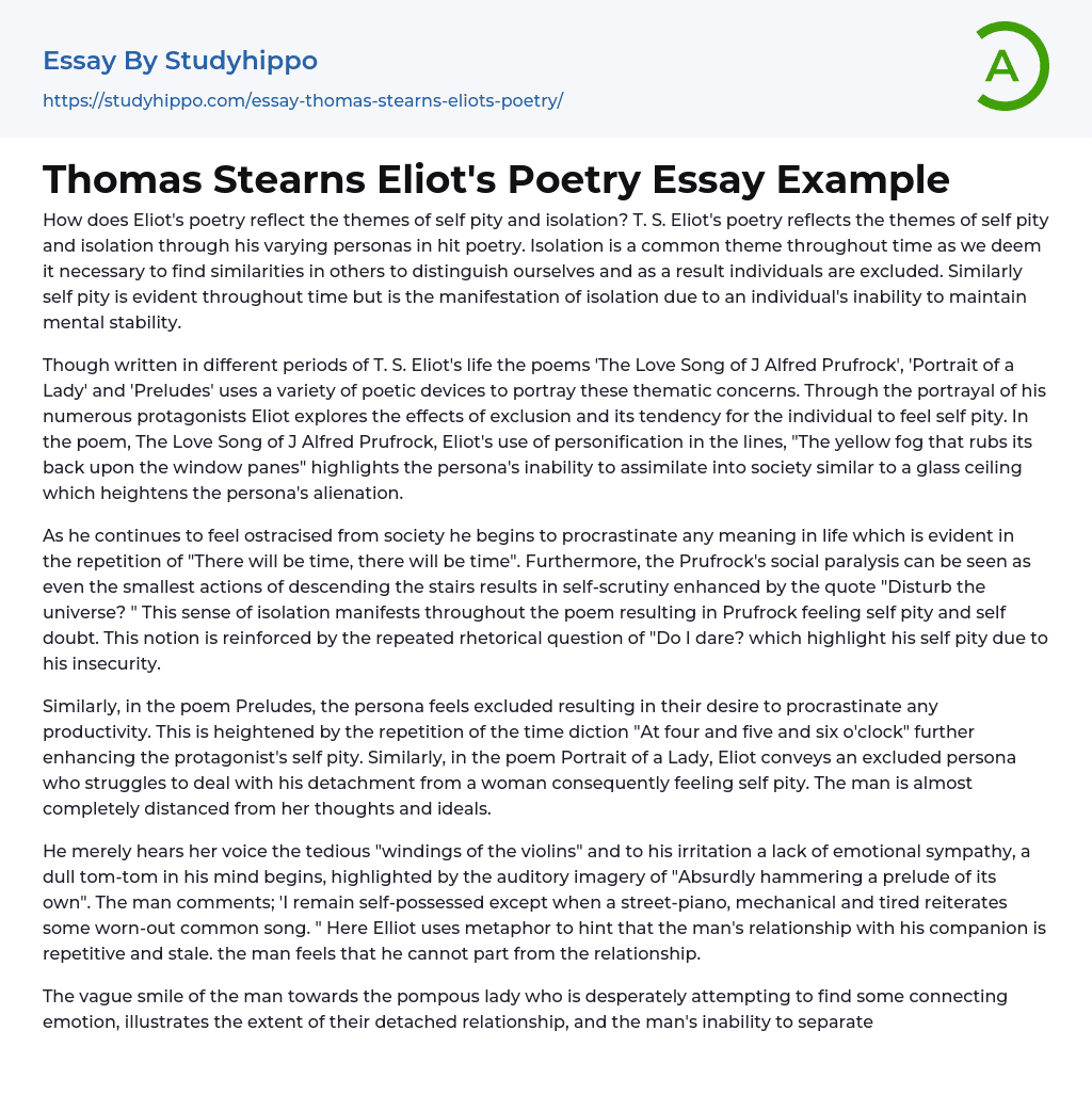 Thomas Stearns Eliot’s Poetry Essay Example