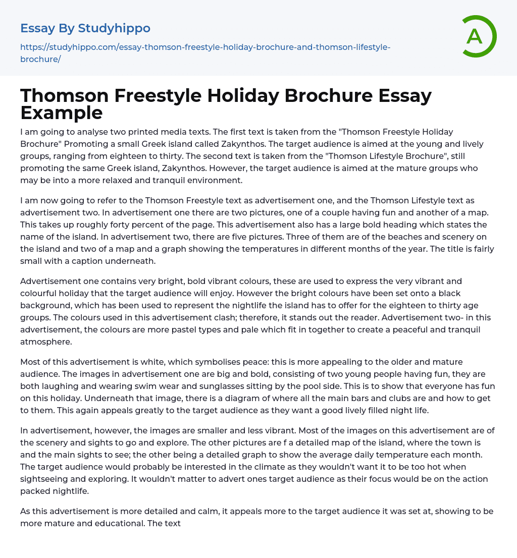 Thomson Freestyle Holiday Brochure Essay Example