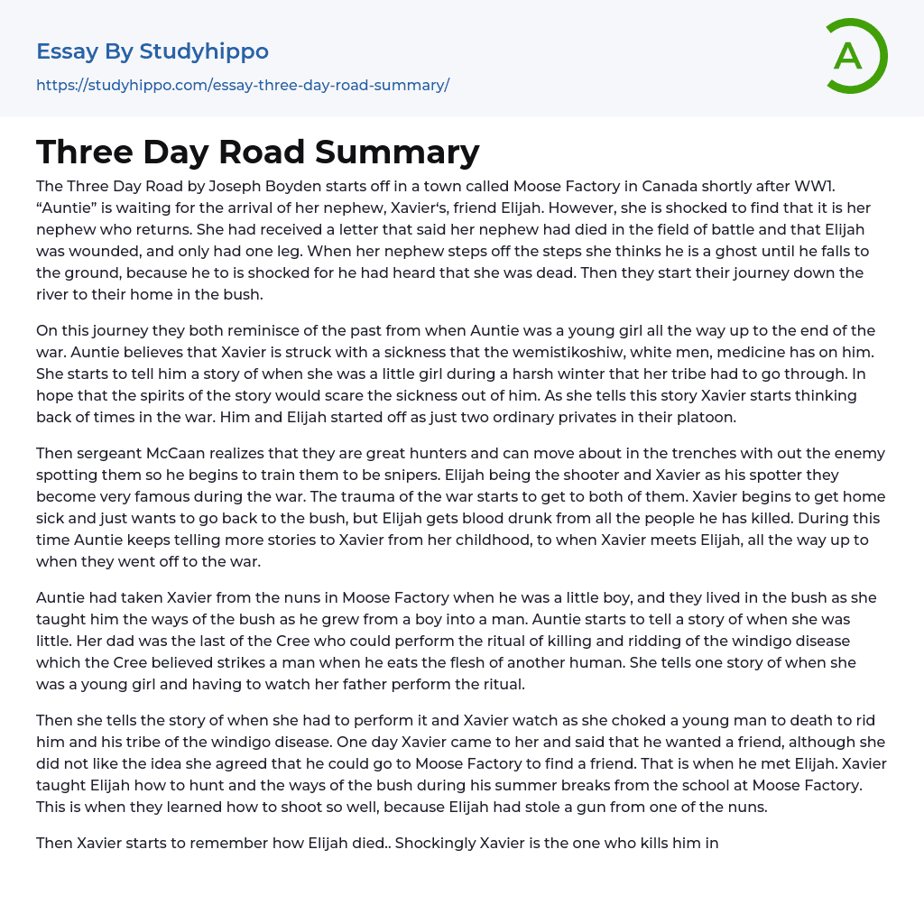 Three Day Road Summary Essay Example