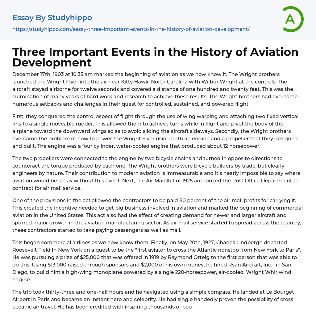 Three Important Events in the History of Aviation Development Essay Example