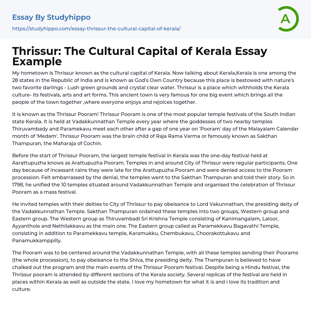 Thrissur: The Cultural Capital of Kerala Essay Example