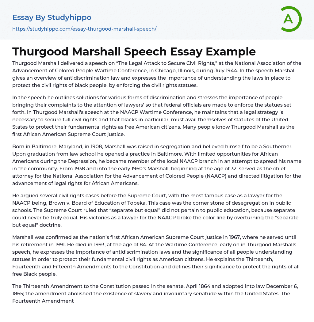 Thurgood Marshall Speech Essay Example