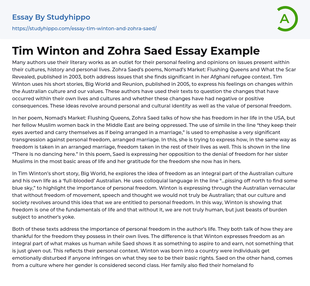 Tim Winton and Zohra Saed Essay Example
