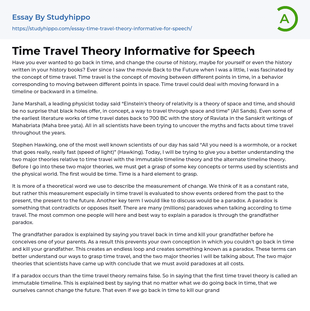 Time Travel Theory Informative for Speech Essay Example