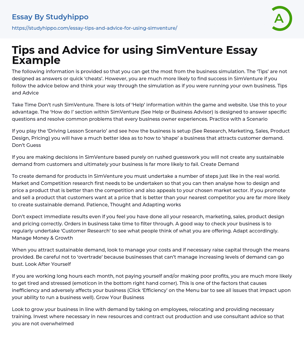 Tips and Advice for using SimVenture Essay Example