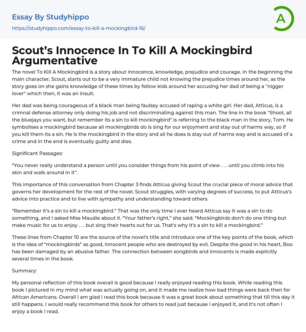 Scout’s Innocence In To Kill A Mockingbird Argumentative Essay Example