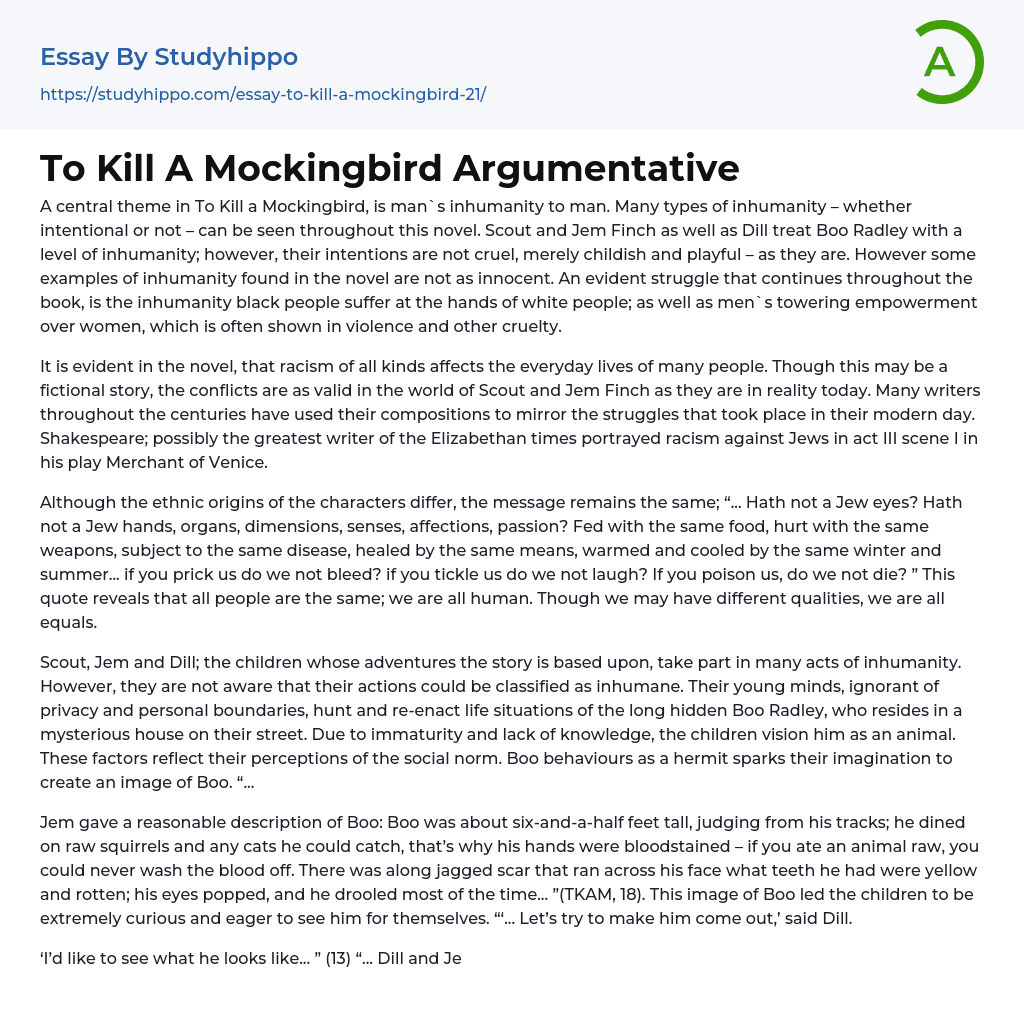 To Kill A Mockingbird Argumentative Essay Example