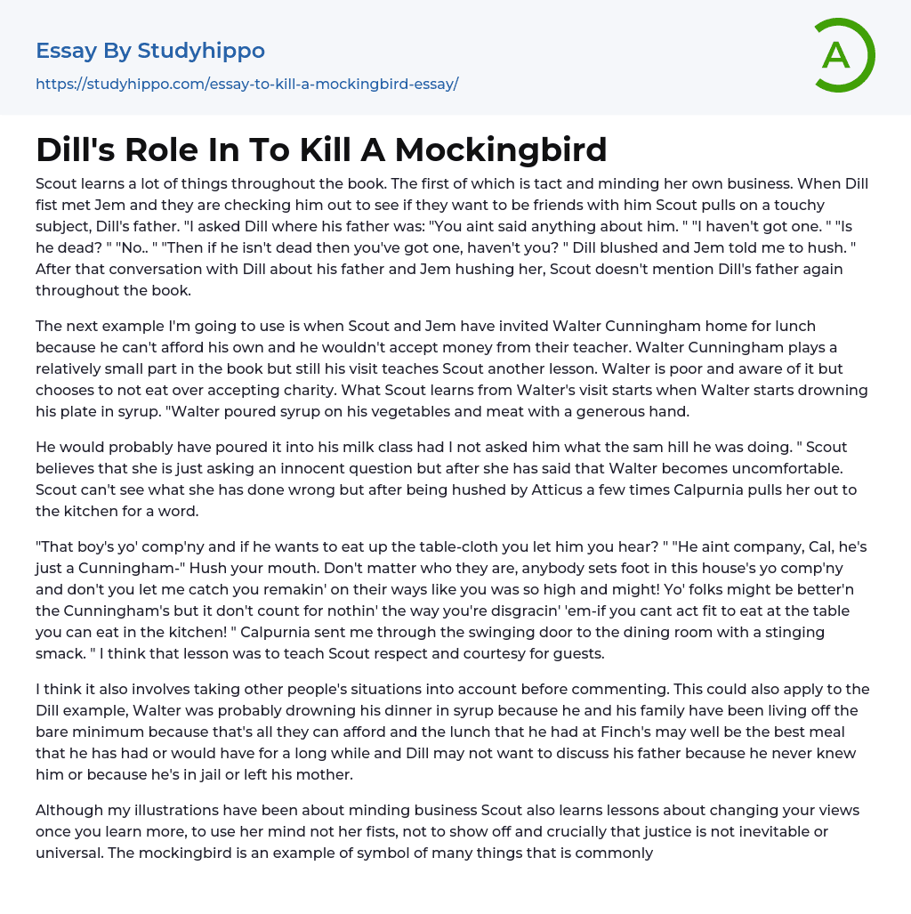 Dill’s Role In To Kill A Mockingbird Essay Example