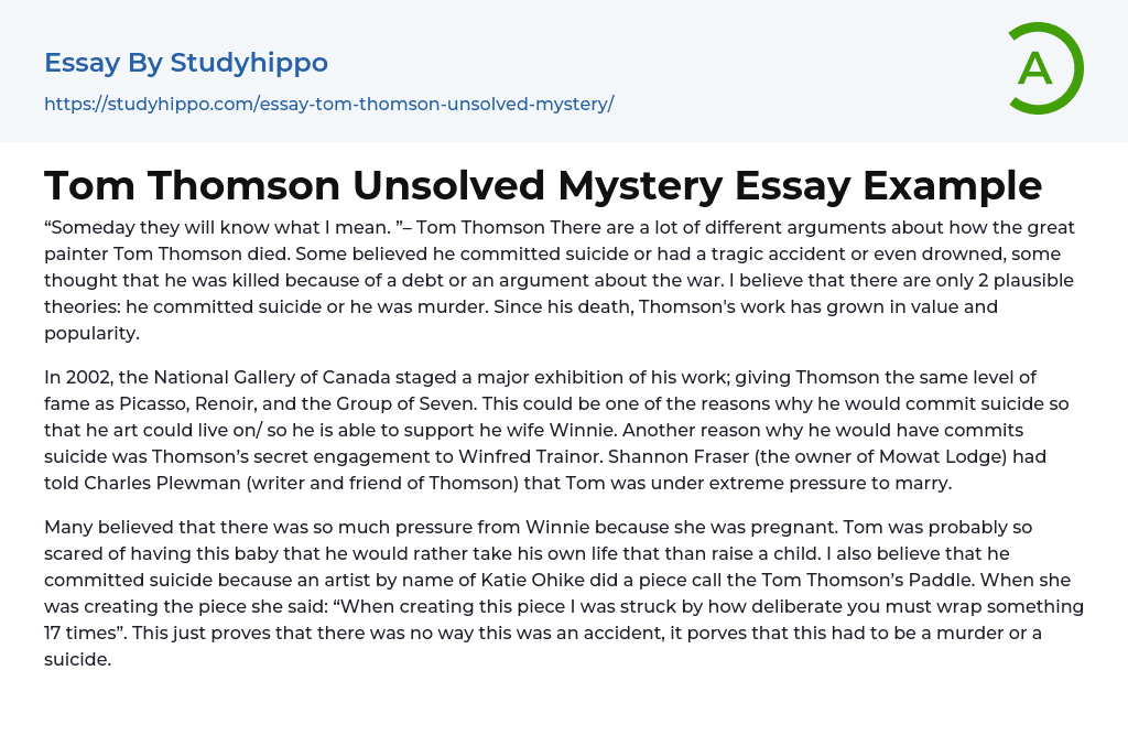 Tom Thomson Unsolved Mystery Essay Example