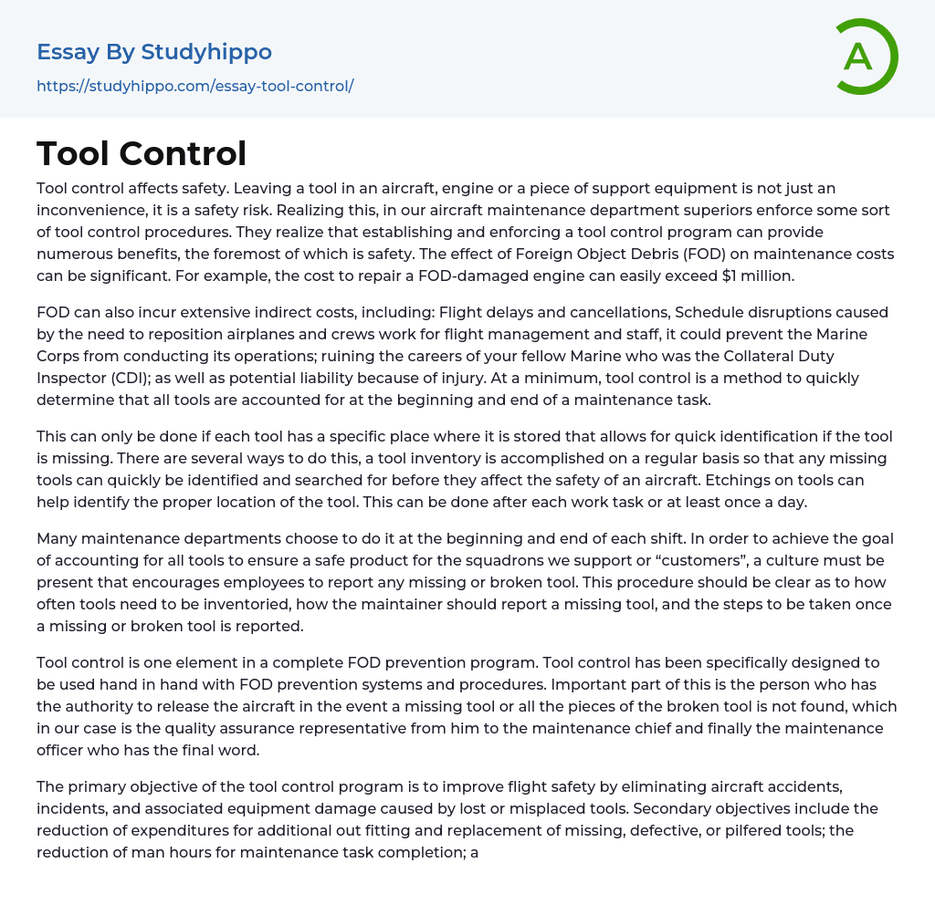 Tool Control Essay Example