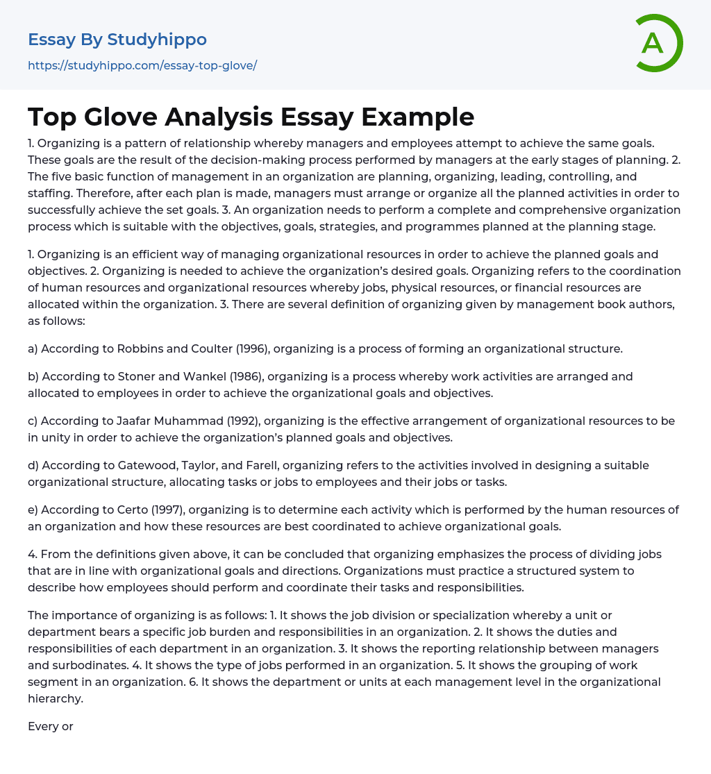 Top Glove Analysis Essay Example