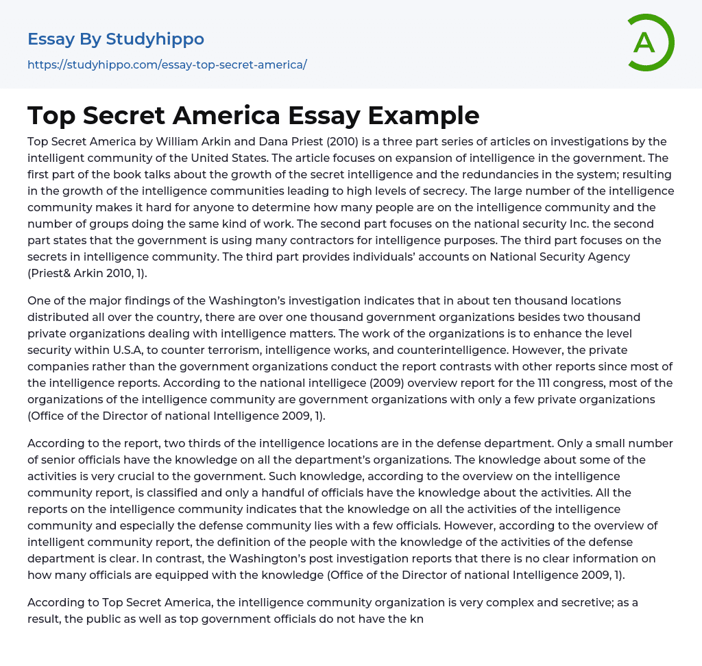 Top Secret America Essay Example