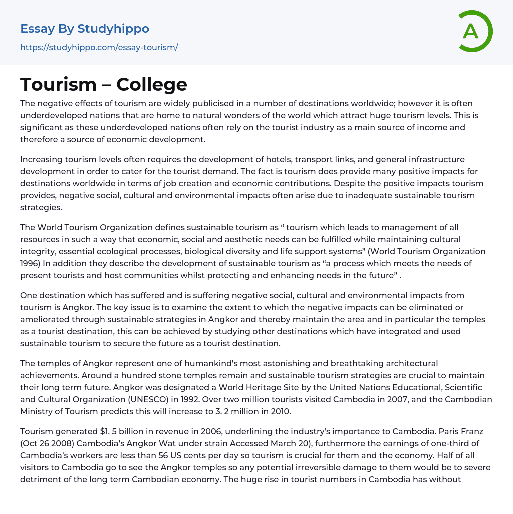 Tourism – College Essay Example