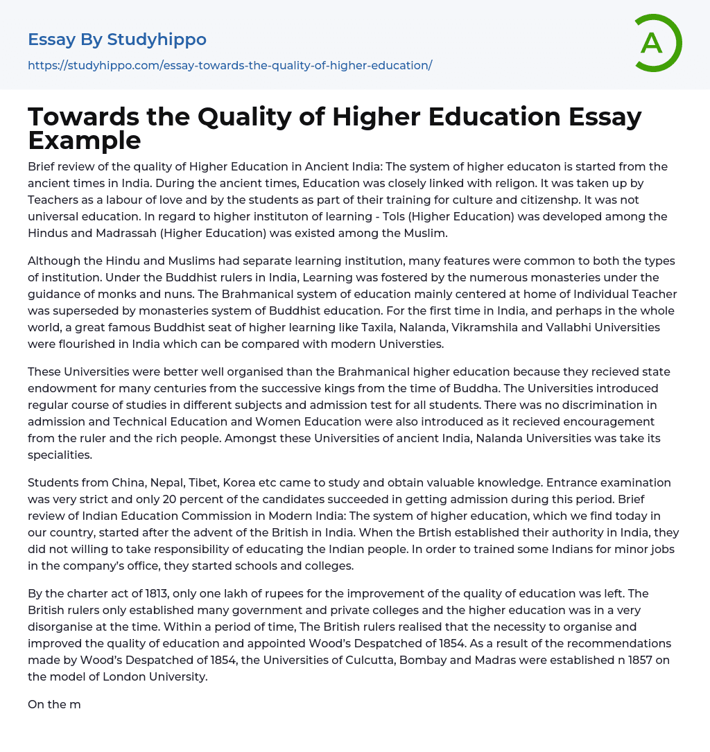 Towards the Quality of Higher Education Essay Example