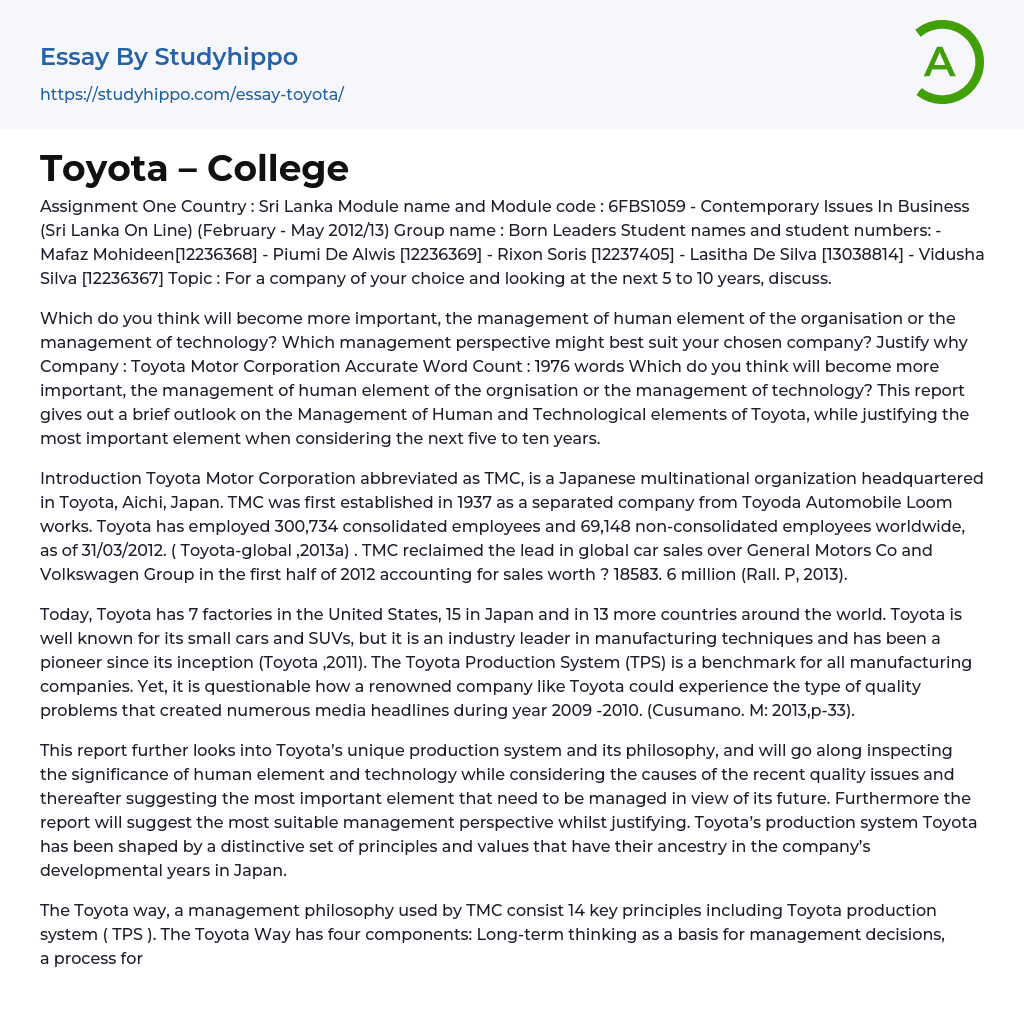 Toyota Motor Corporation Financial and Industrial Group “Toyota” Essay Example