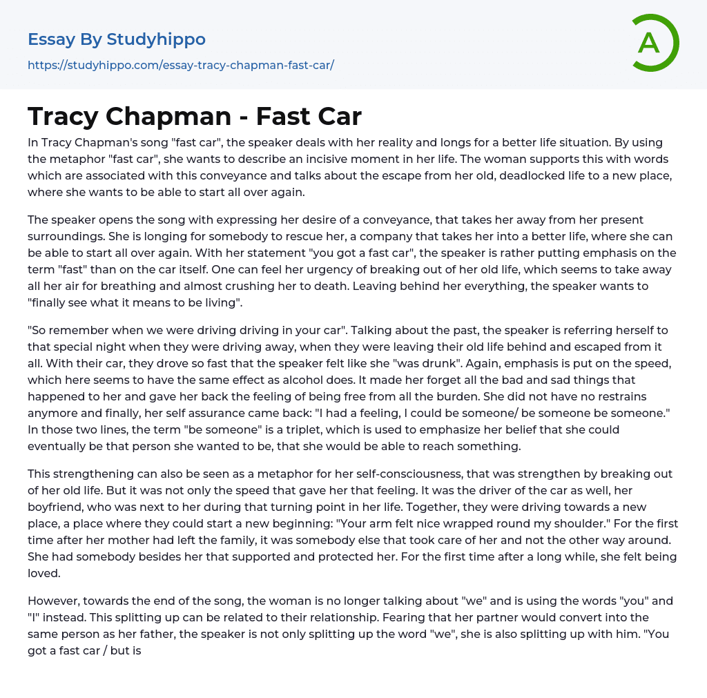 Tracy Chapman – Fast Car Essay Example
