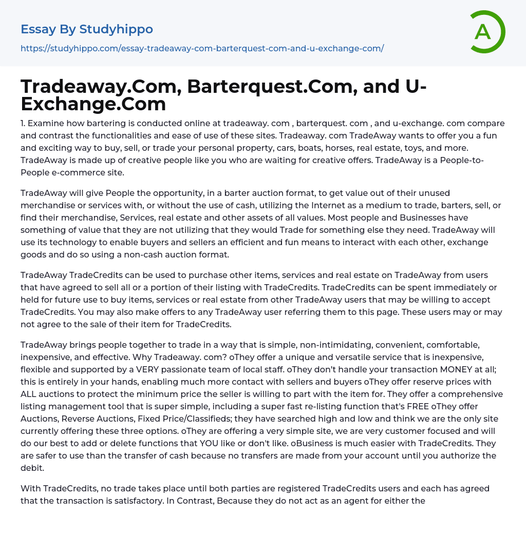 Tradeaway.Com, Barterquest.Com, and U-Exchange.Com Essay Example