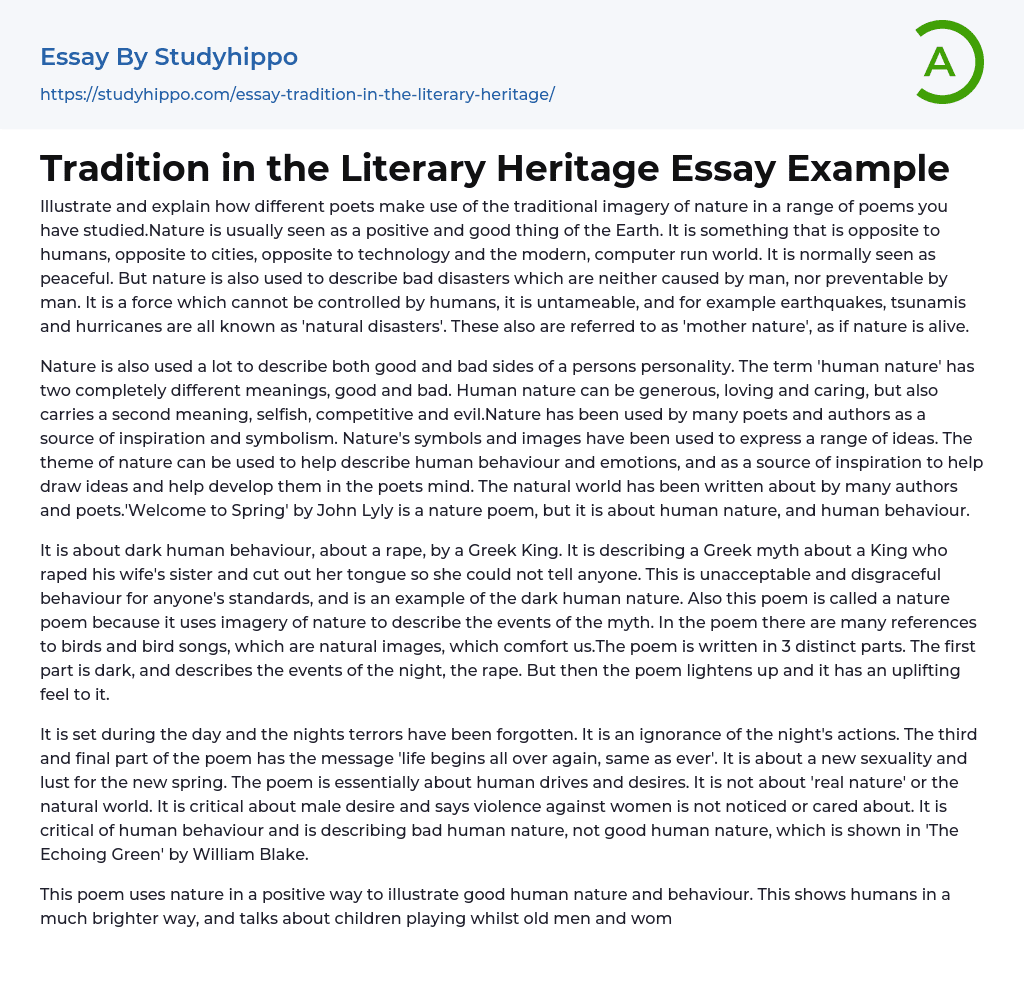 Tradition in the Literary Heritage Essay Example