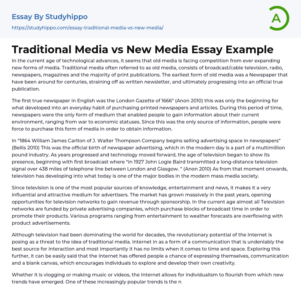 Traditional Media Vs New Media Essay Example StudyHippo