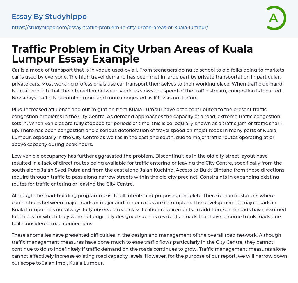 Traffic Problem in City Urban Areas of Kuala Lumpur Essay Example