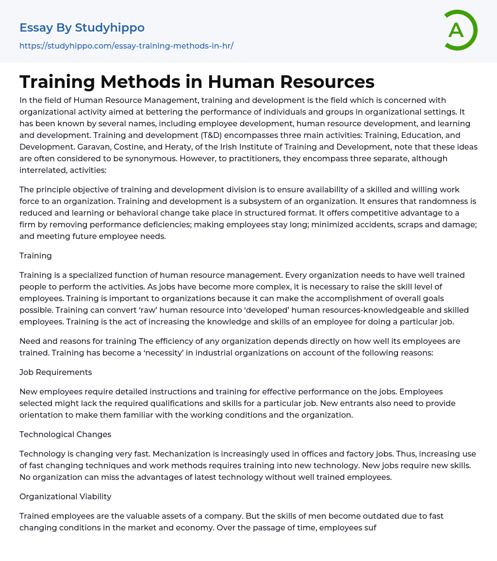 Training Methods in Human Resources Essay Example