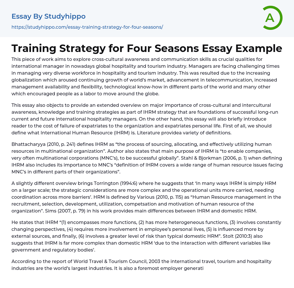 Training Strategy for Four Seasons Essay Example