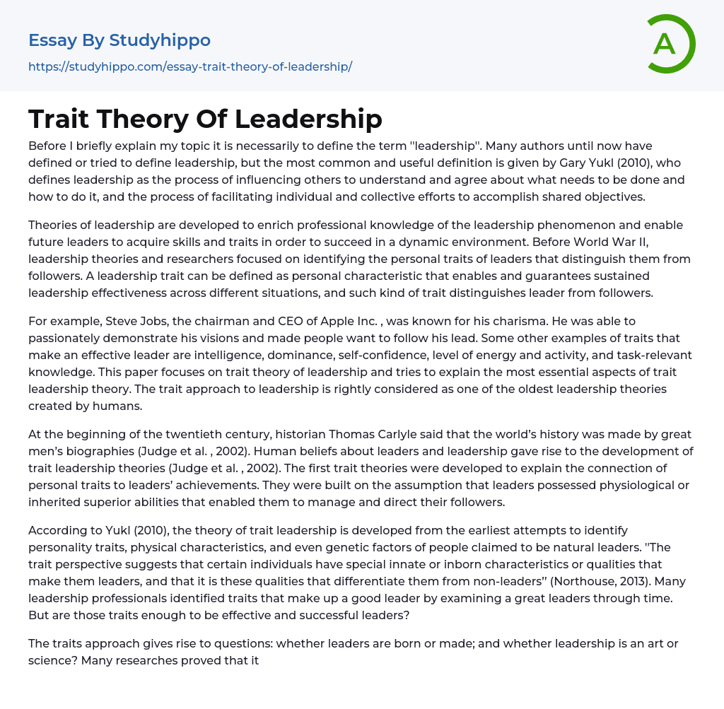Trait Theory Of Leadership Essay Example