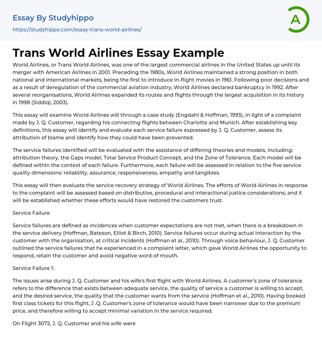 Trans World Airlines Essay Example