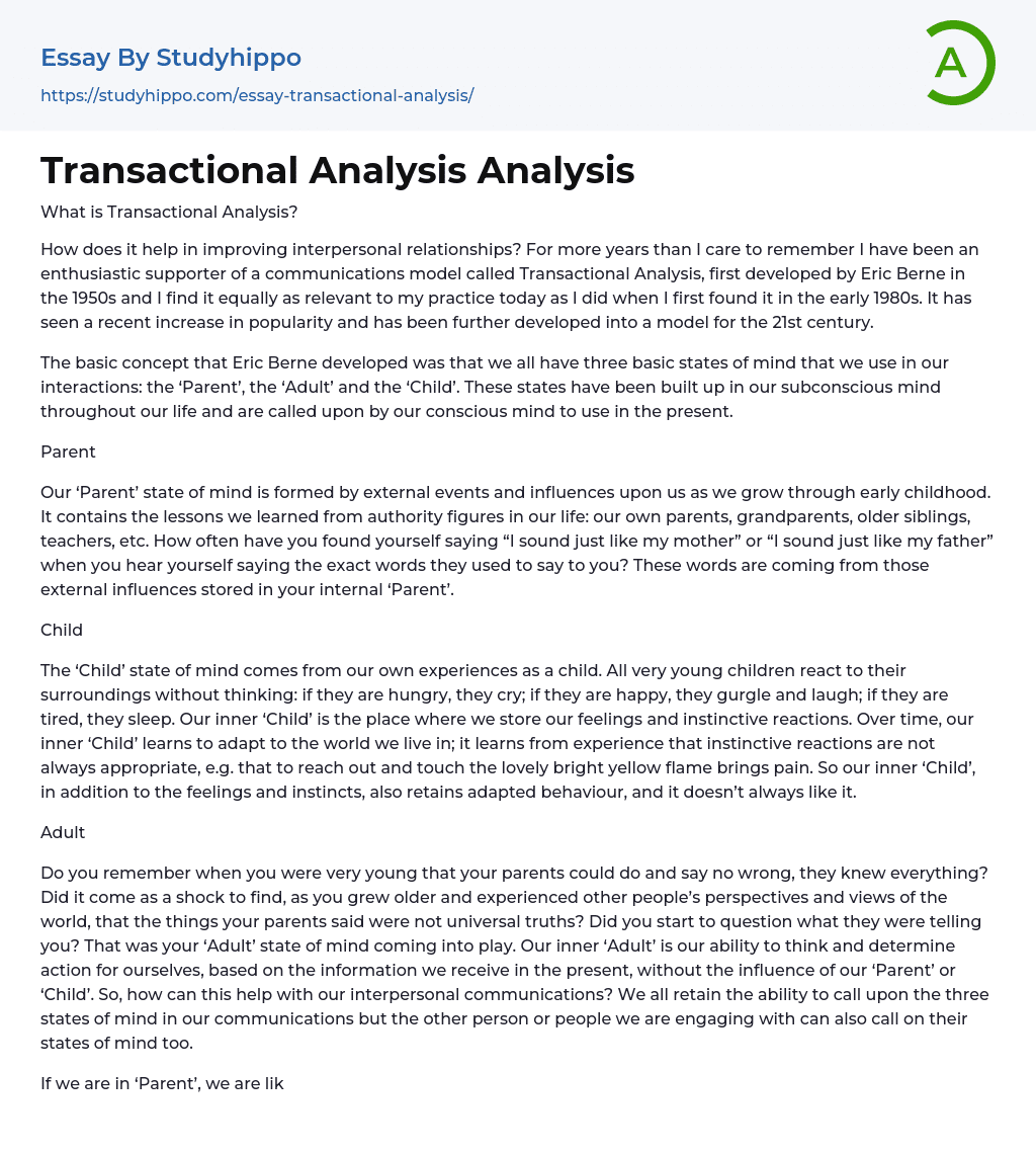Transactional Analysis Analysis Essay Example