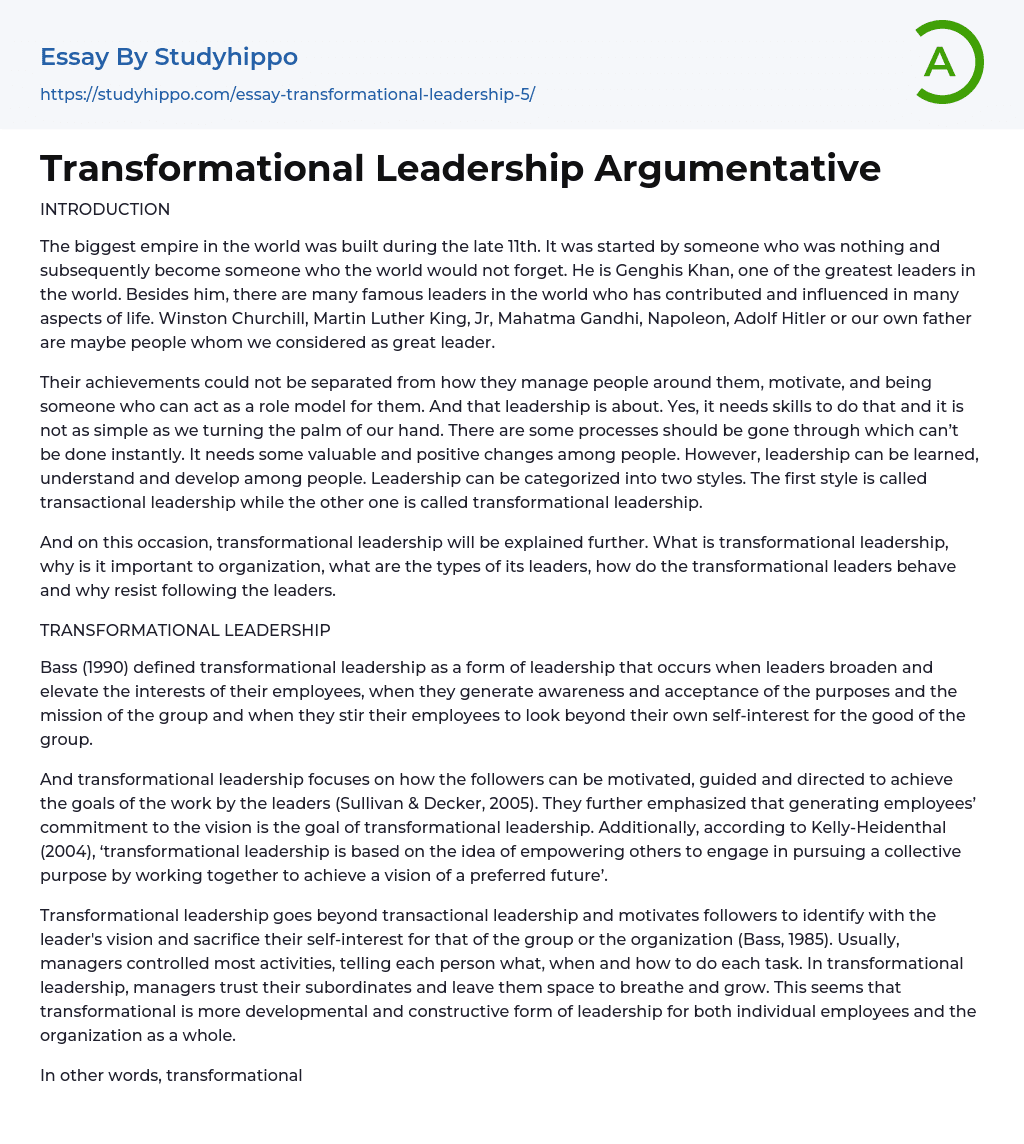 Transformational Leadership Argumentative Essay Example