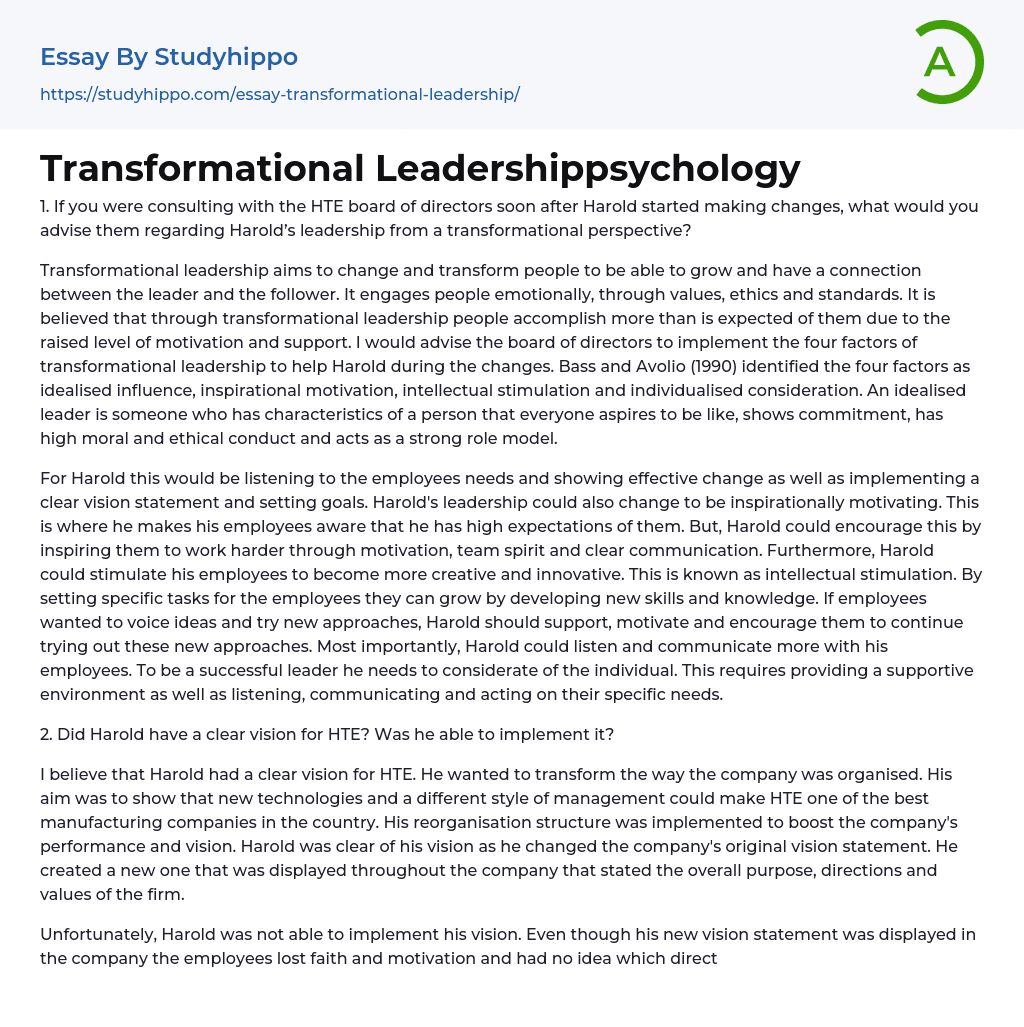 Transformational Leadershippsychology Essay Example