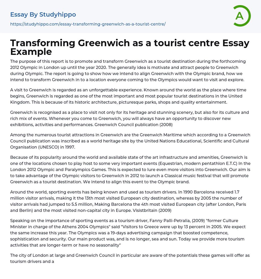 Transforming Greenwich as a tourist centre Essay Example