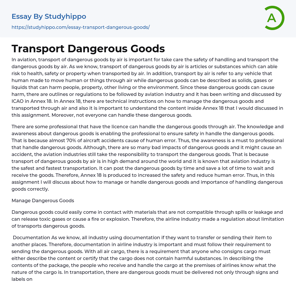 Transport Dangerous Goods Essay Example