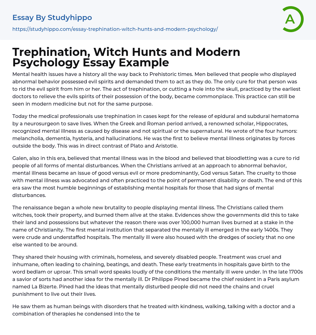 Trephination, Witch Hunts and Modern Psychology Essay Example