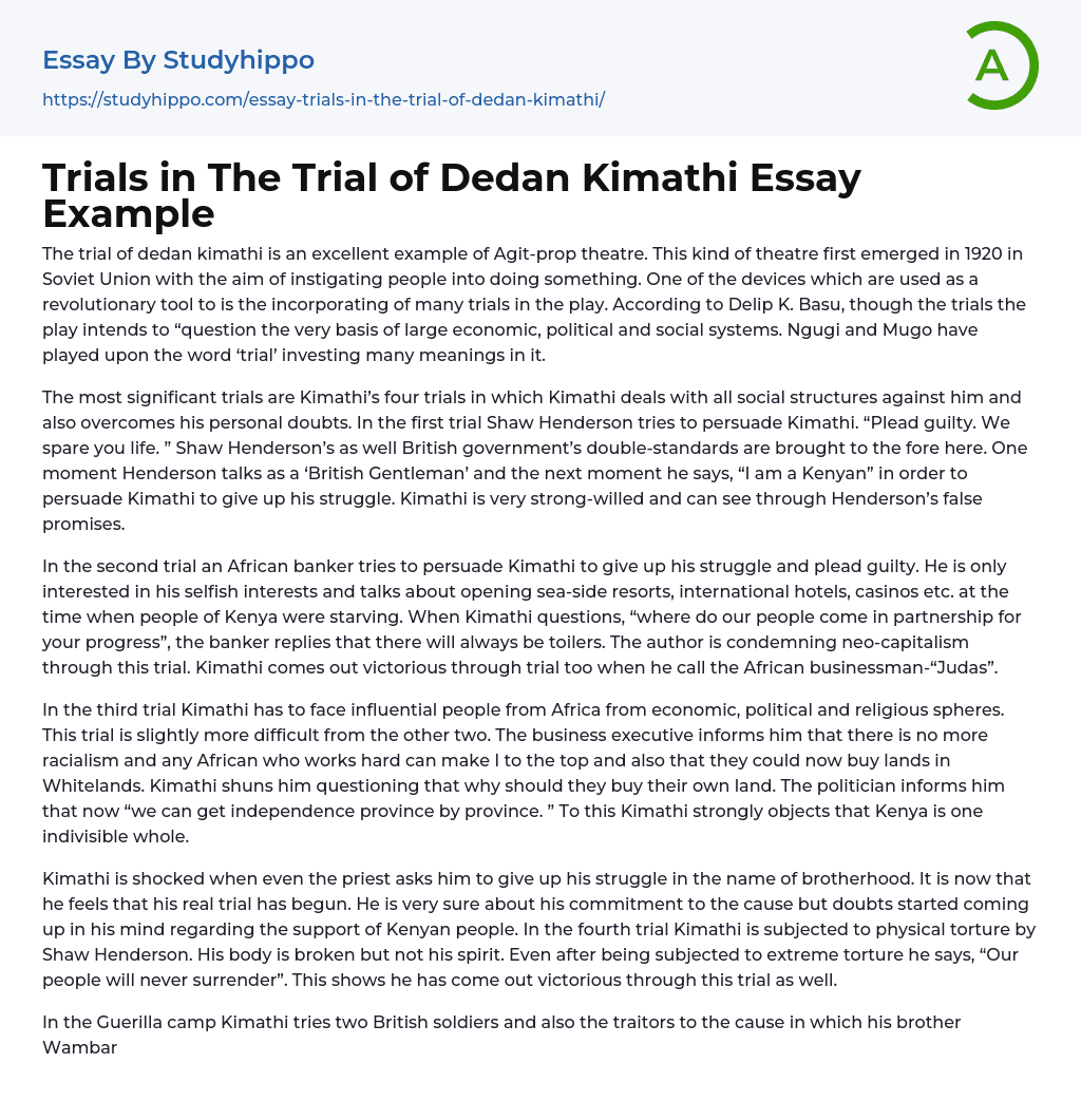Trials in The Trial of Dedan Kimathi Essay Example