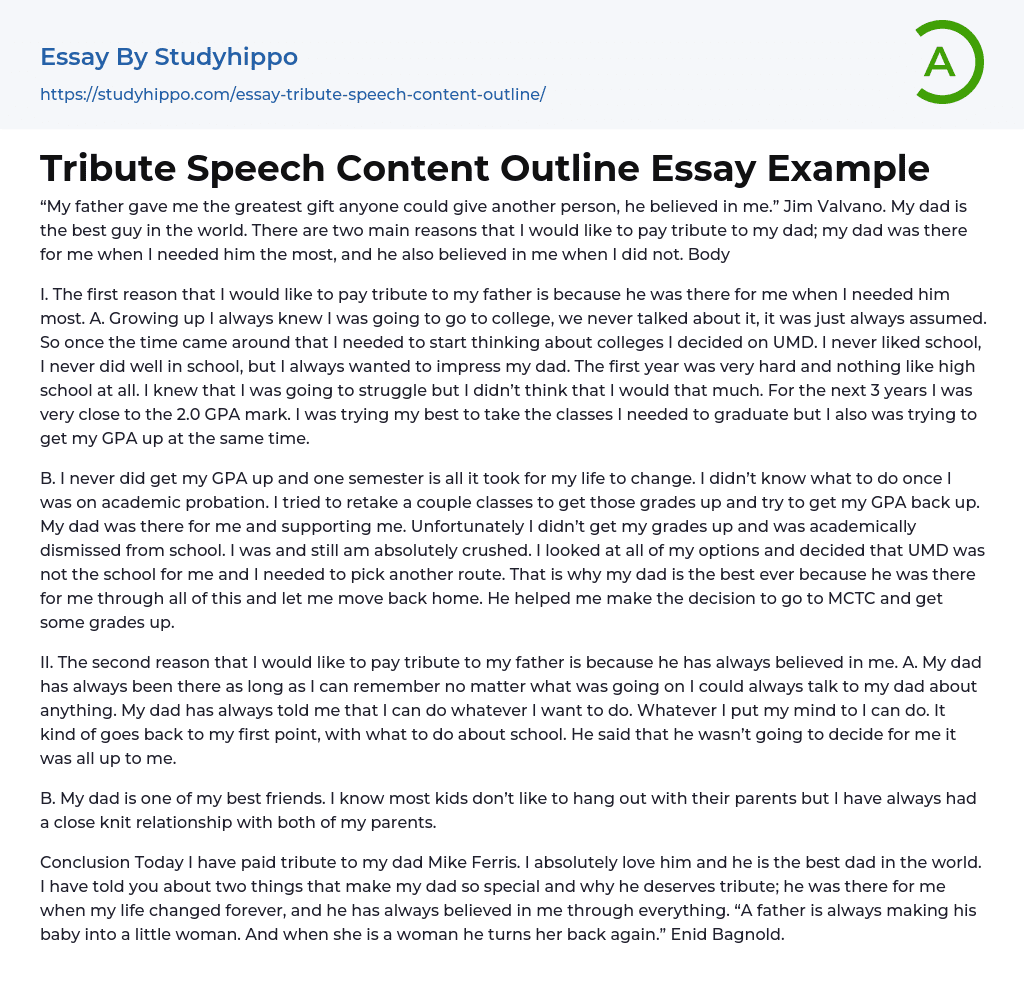 Tribute Speech Content Outline Essay Example