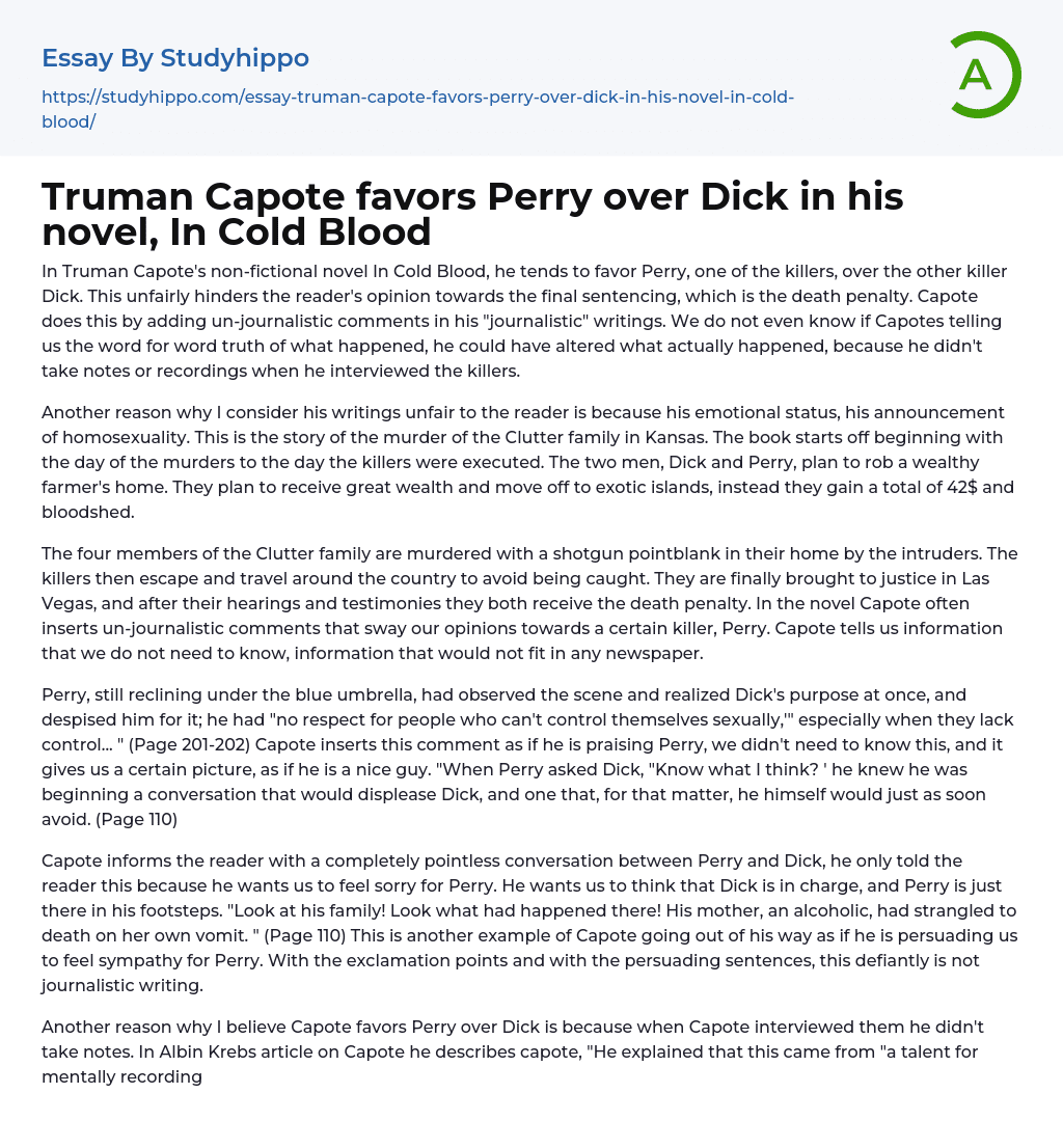 Truman Capote favors Perry over Dick in his novel, In Cold Blood Essay Example