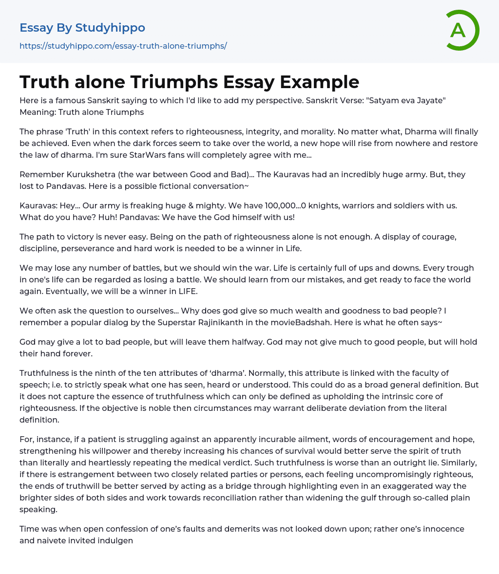 Truth alone Triumphs Essay Example