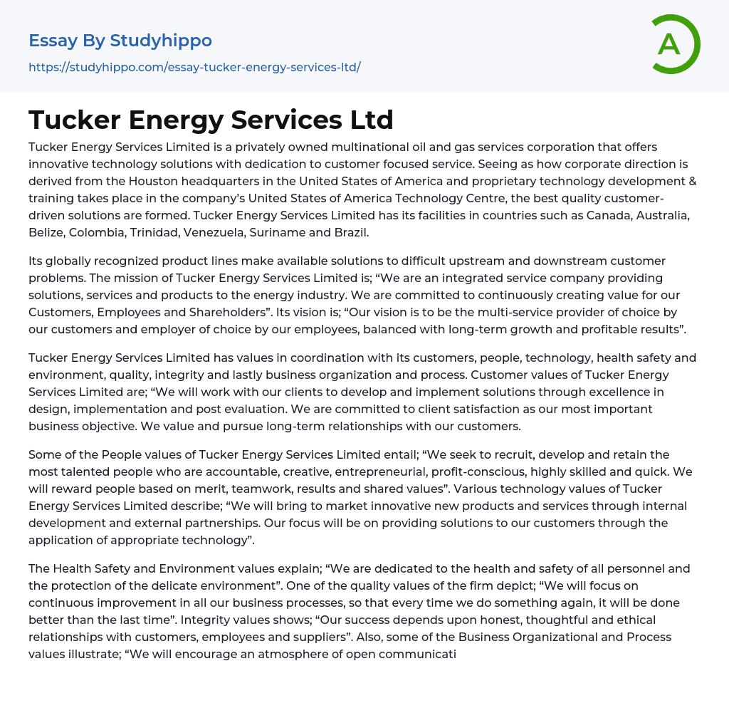 Tucker Energy Services Ltd Essay Example