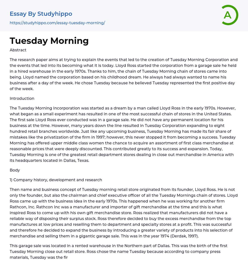 Tuesday Morning Essay Example