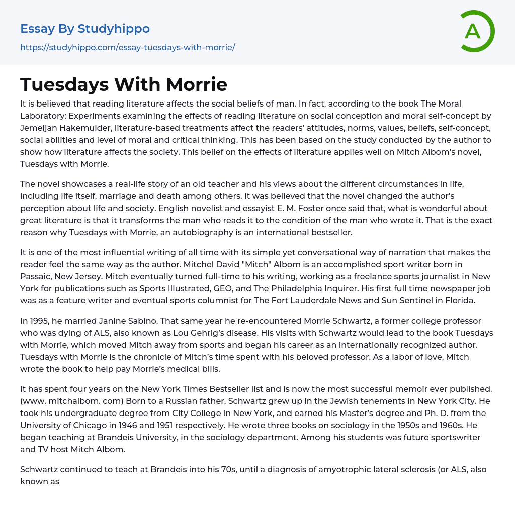 Tuesdays With Morrie Essay Example